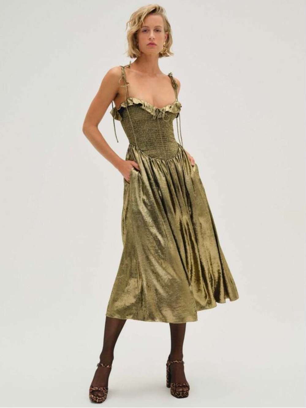 For Love and Lemons Bethany Gold Metallic Midi Ruffle Dress
